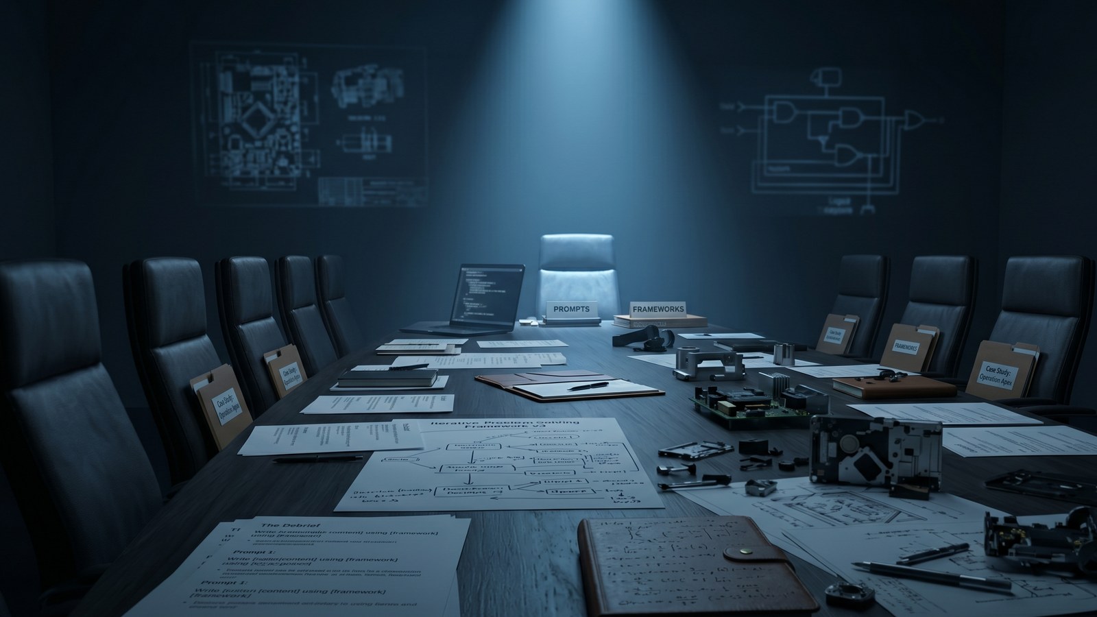 A dark briefing room at night, a long table covered with schematics, hardware, and a laptop of code under a single overhead light.