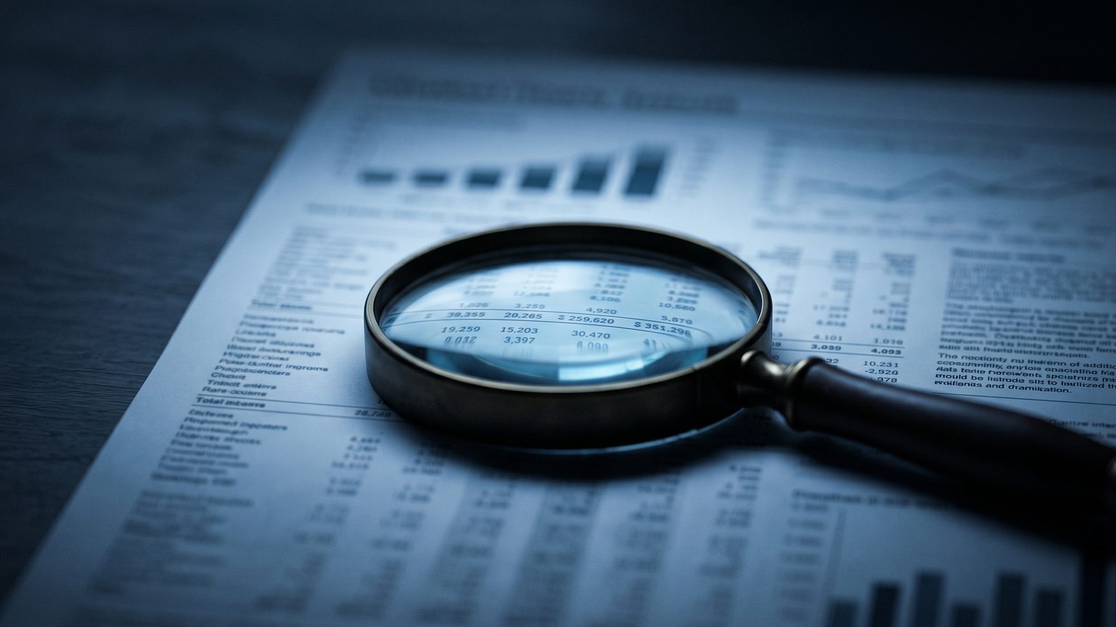 A magnifying glass over a page of figures, one line caught in sharp focus.