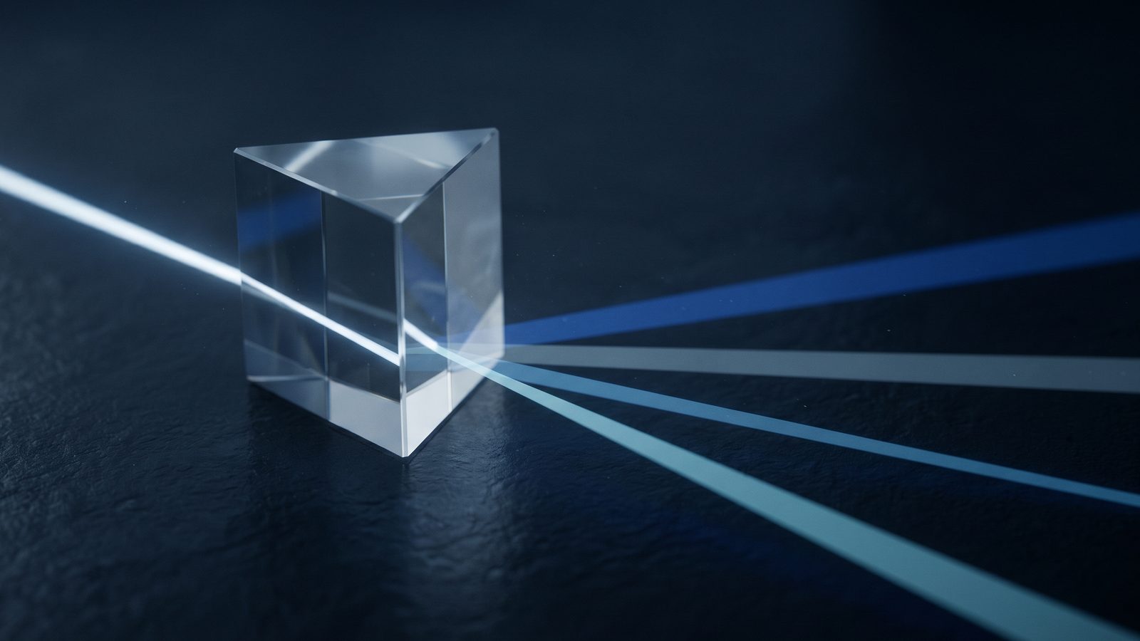 A glass prism splitting a single beam of light into several rays.
