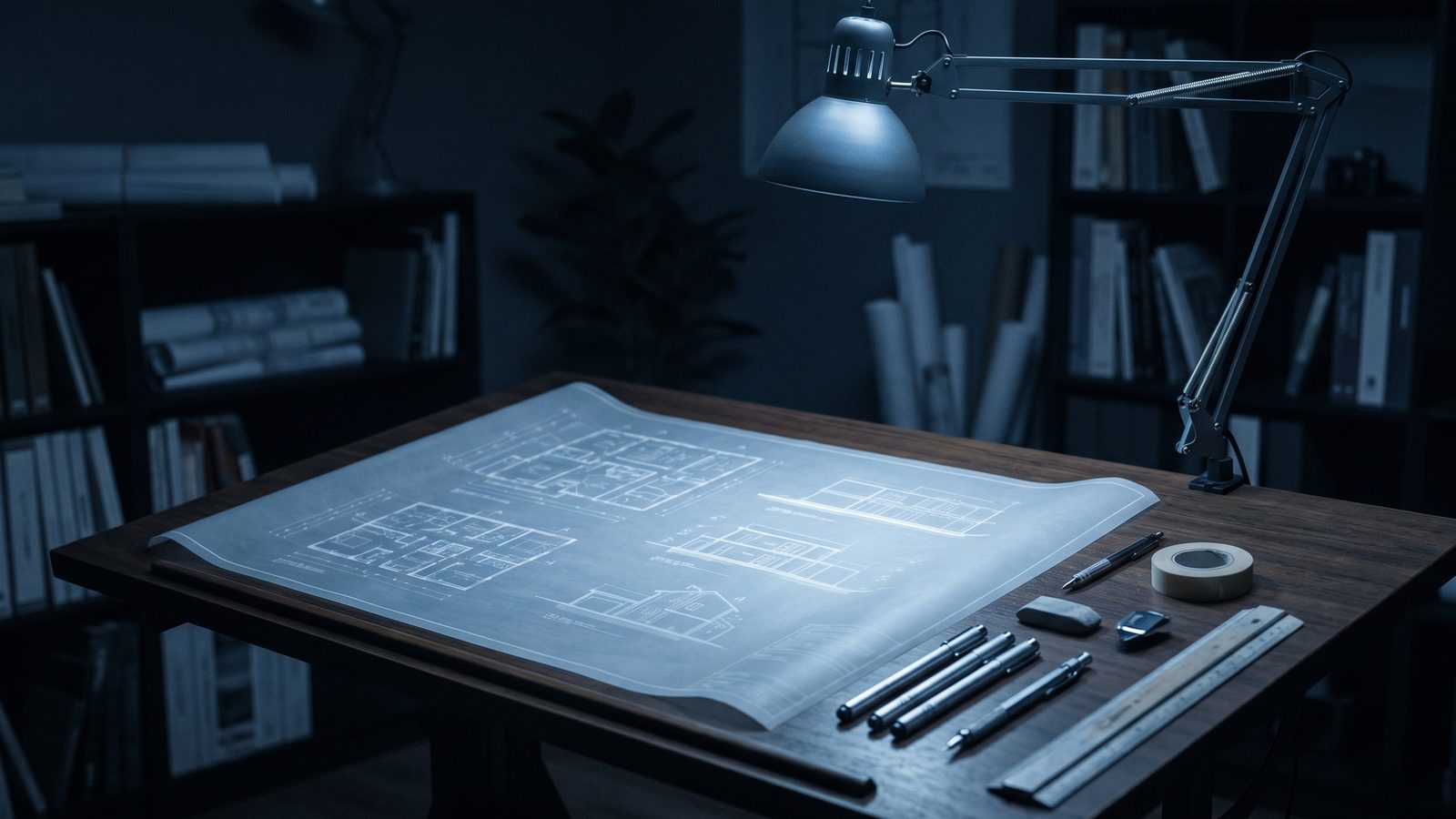 A glowing architectural blueprint and drafting tools on a table at night.