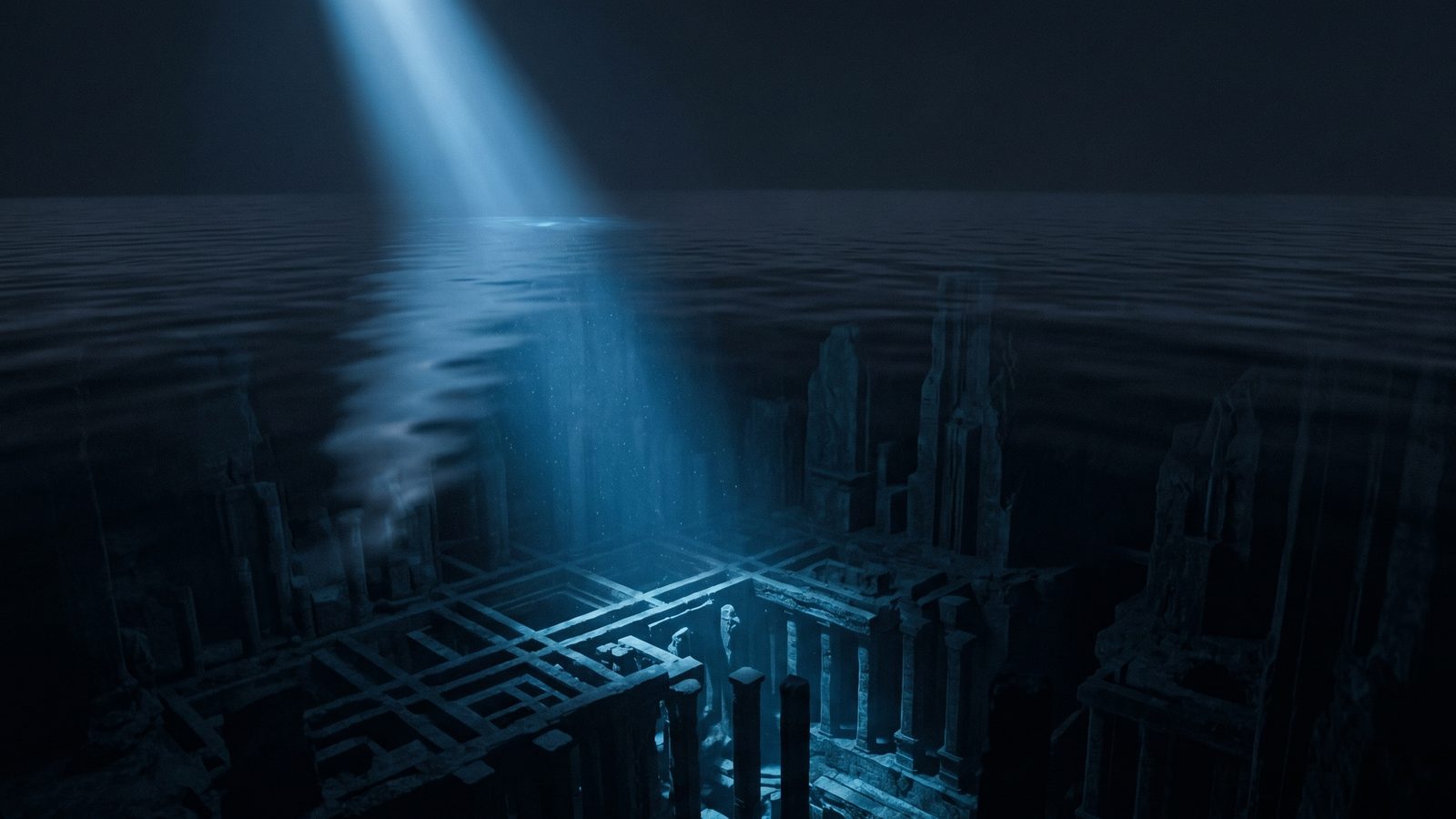 A shaft of cool light revealing structured depth beneath a calm, dark water surface.