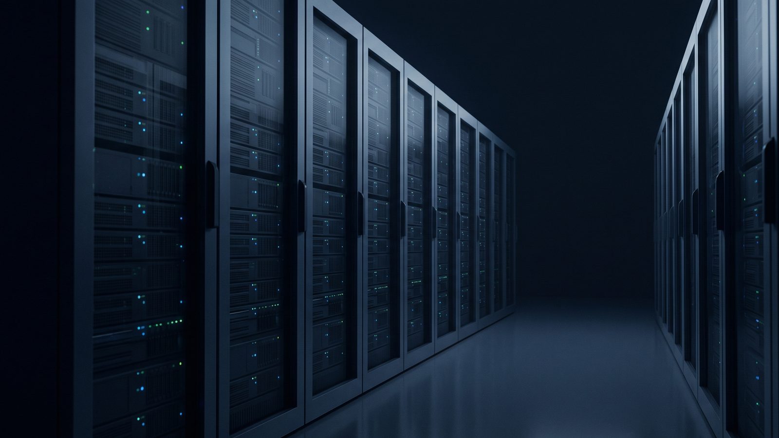 A dark data center aisle at night, rows of servers receding into the distance, lit by faint blue status lights.