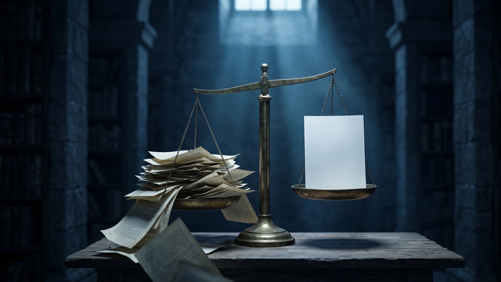 An old balance scale in a dark library, one pan heaped with loose pages, the other holding a single sheet that weighs more.