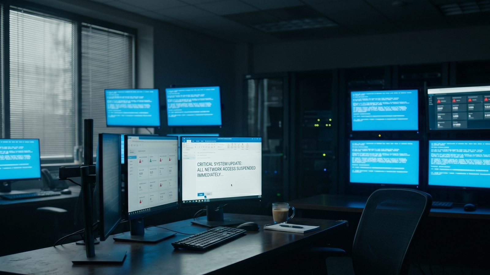A dark operations center at night, rows of monitors glowing with status dashboards.