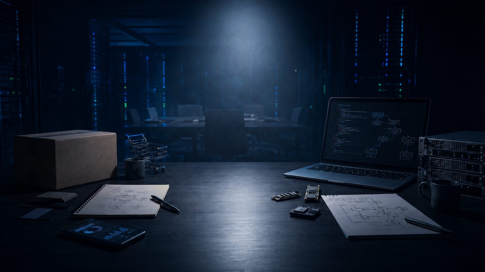 A dark table split between two worlds: a shipping box, a miniature shopping cart and a phone of ad charts on one side, a laptop running an agent workflow and a small server rack on the other.