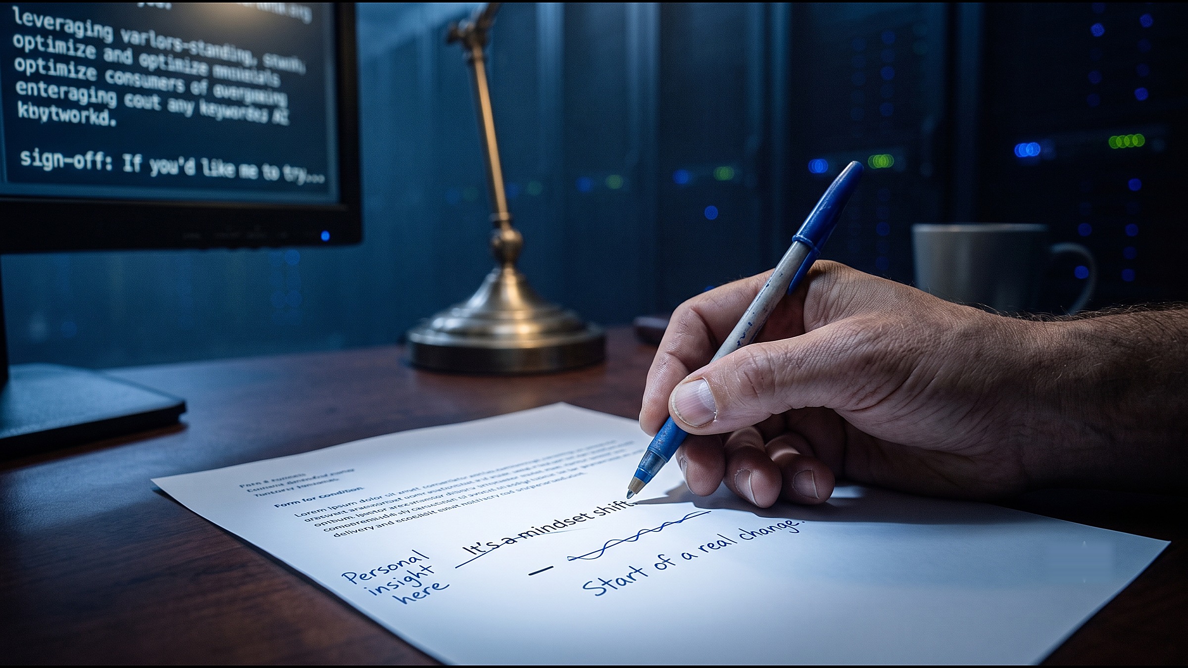 A hand marking up a printed AI draft with a blue pen, crossing out an AI phrase and writing a personal one, in front of a screen of AI text and server racks.
